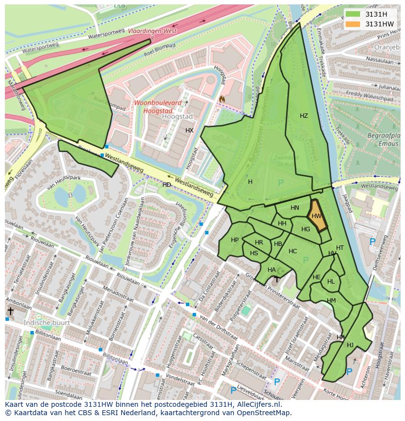 Afbeelding van het postcodegebied 3131 HW op de kaart.