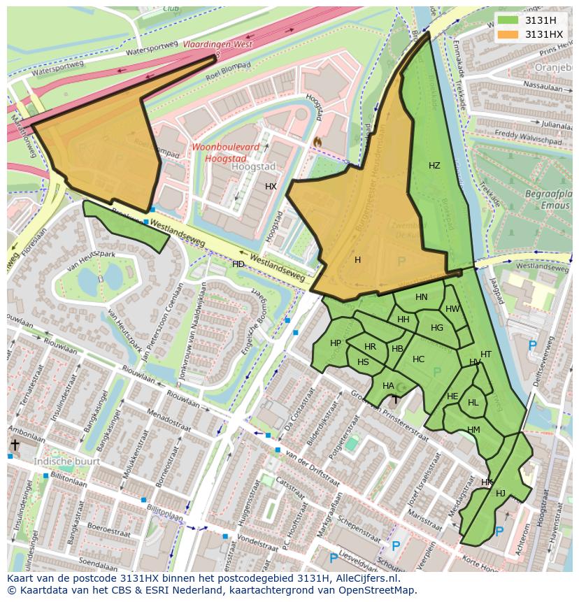 Afbeelding van het postcodegebied 3131 HX op de kaart.
