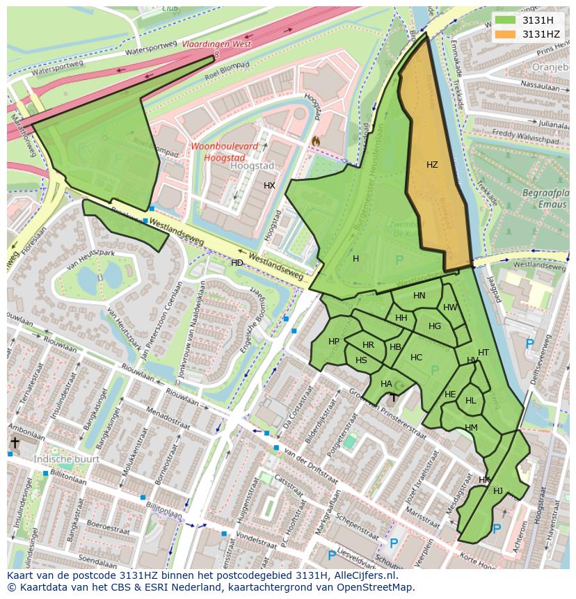 Afbeelding van het postcodegebied 3131 HZ op de kaart.