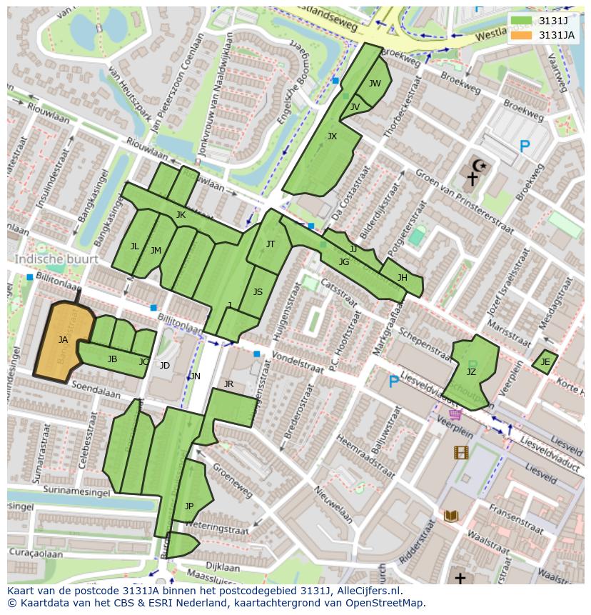 Afbeelding van het postcodegebied 3131 JA op de kaart.