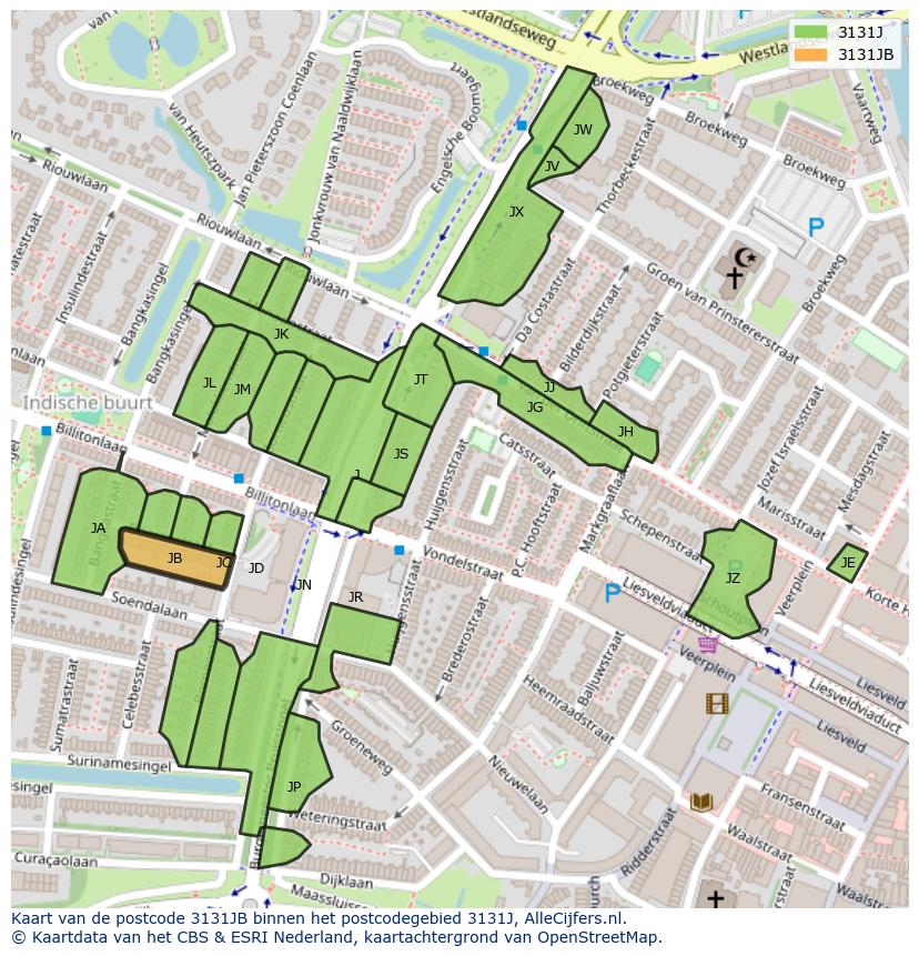 Afbeelding van het postcodegebied 3131 JB op de kaart.