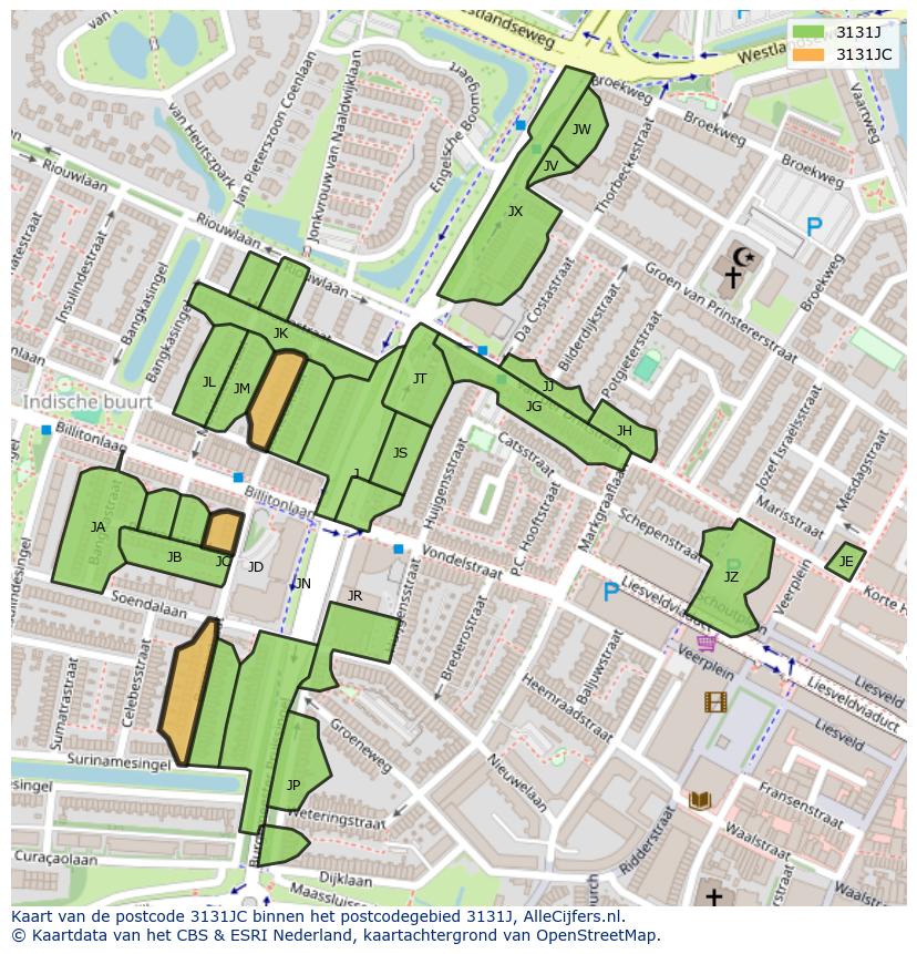 Afbeelding van het postcodegebied 3131 JC op de kaart.