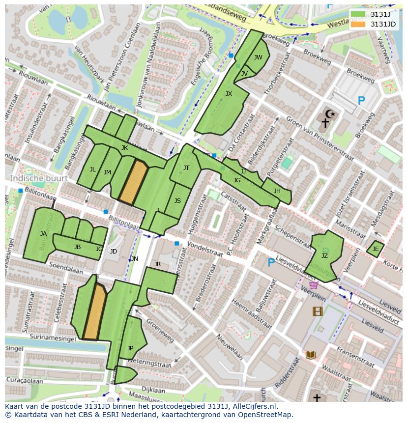 Afbeelding van het postcodegebied 3131 JD op de kaart.