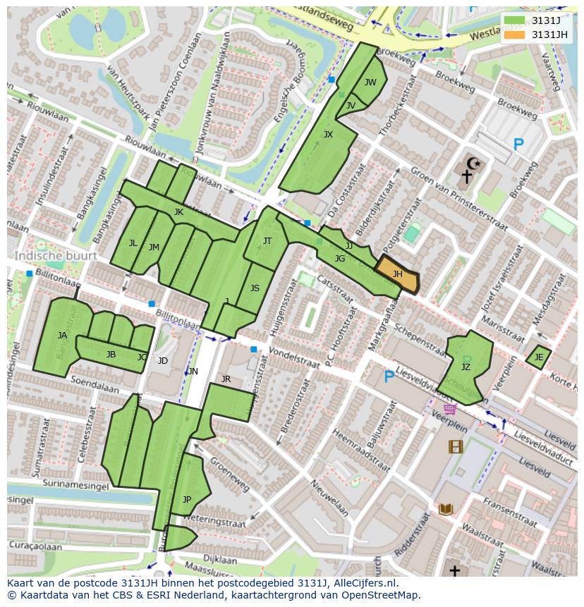 Afbeelding van het postcodegebied 3131 JH op de kaart.