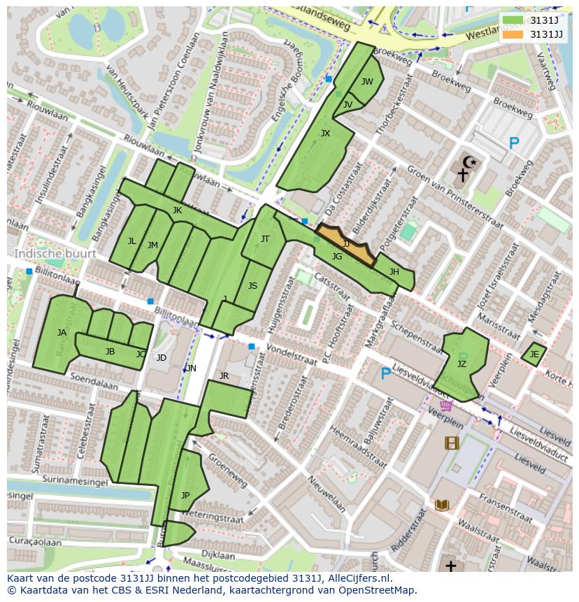 Afbeelding van het postcodegebied 3131 JJ op de kaart.