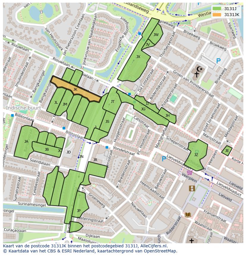 Afbeelding van het postcodegebied 3131 JK op de kaart.
