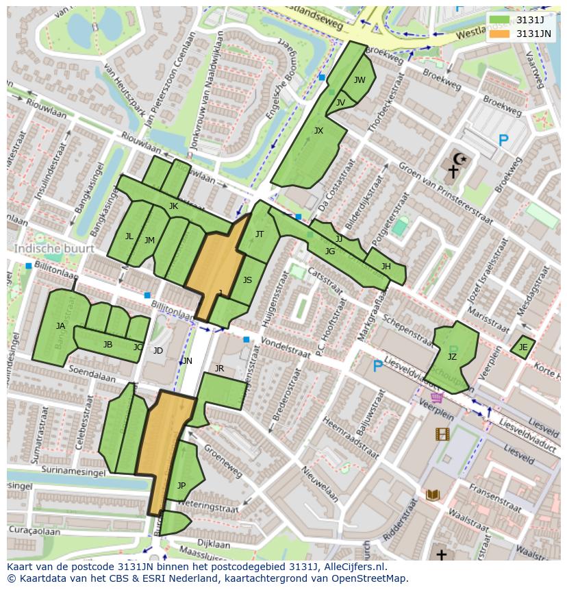 Afbeelding van het postcodegebied 3131 JN op de kaart.