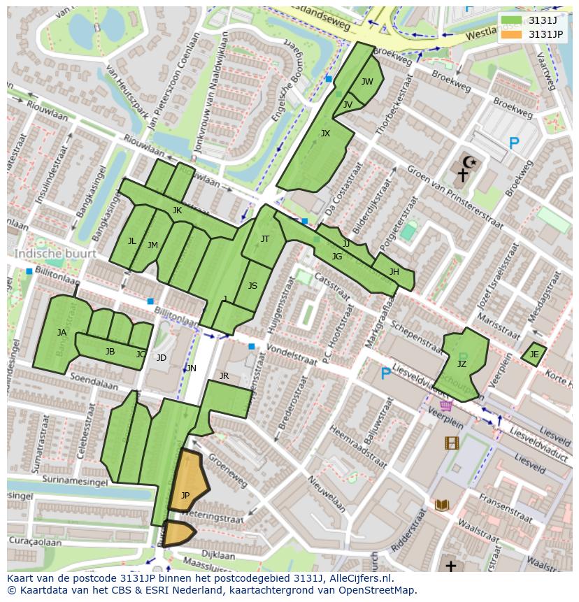 Afbeelding van het postcodegebied 3131 JP op de kaart.