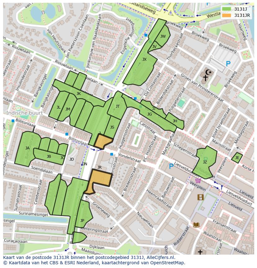 Afbeelding van het postcodegebied 3131 JR op de kaart.