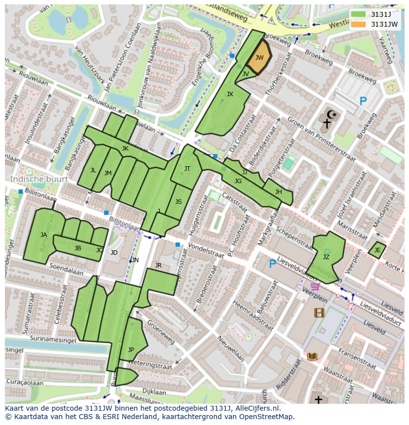 Afbeelding van het postcodegebied 3131 JW op de kaart.