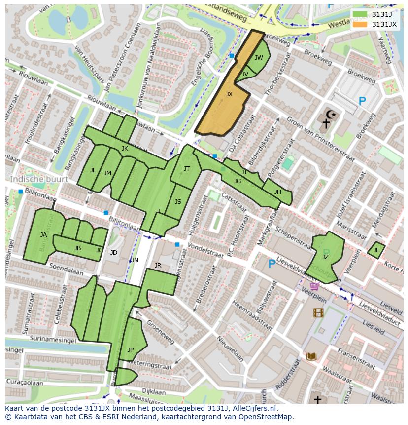 Afbeelding van het postcodegebied 3131 JX op de kaart.