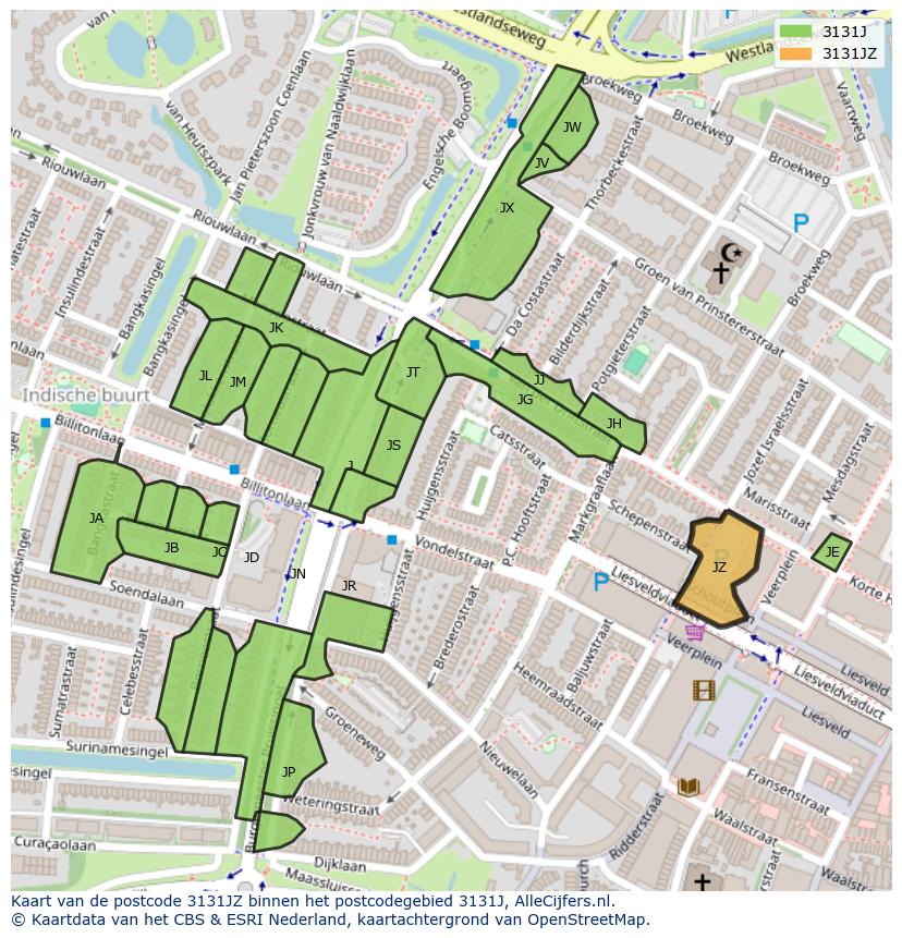 Afbeelding van het postcodegebied 3131 JZ op de kaart.