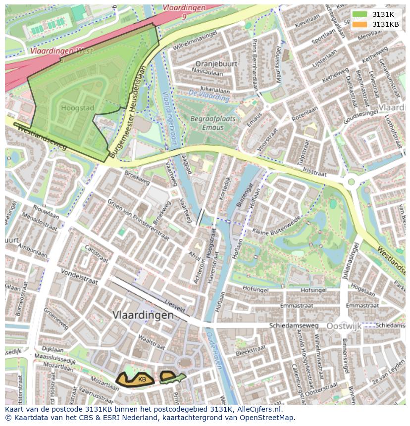 Afbeelding van het postcodegebied 3131 KB op de kaart.
