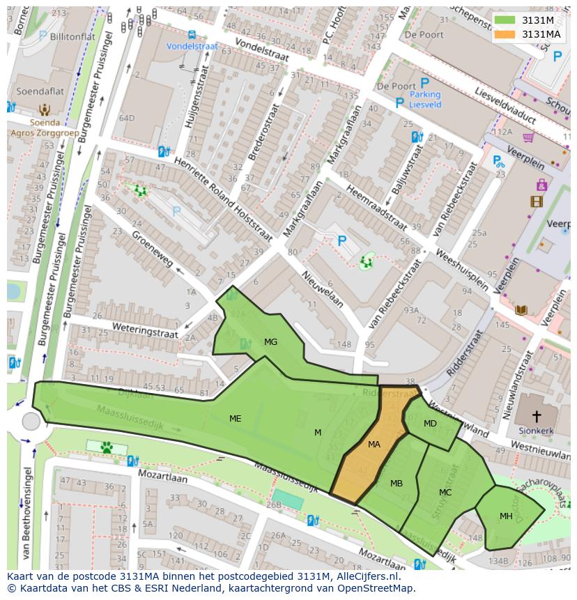 Afbeelding van het postcodegebied 3131 MA op de kaart.