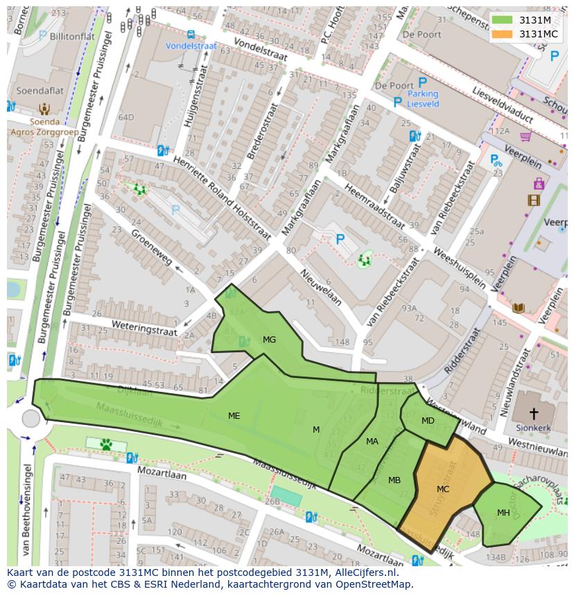 Afbeelding van het postcodegebied 3131 MC op de kaart.