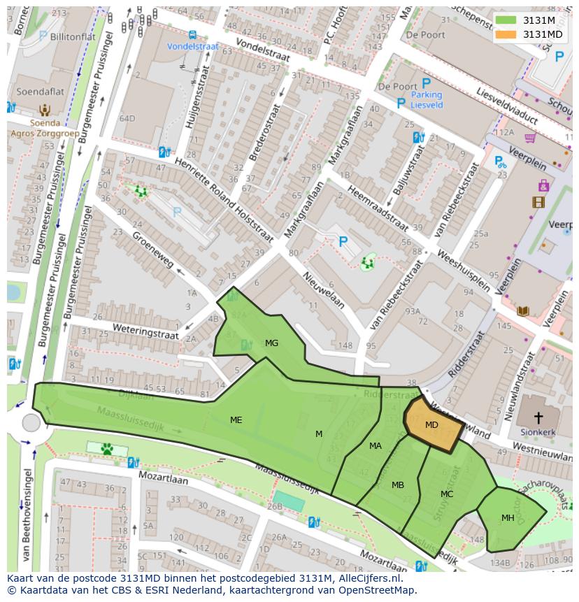 Afbeelding van het postcodegebied 3131 MD op de kaart.