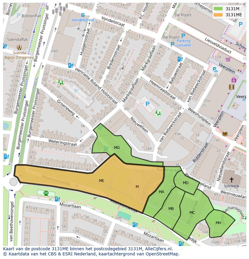 Afbeelding van het postcodegebied 3131 ME op de kaart.