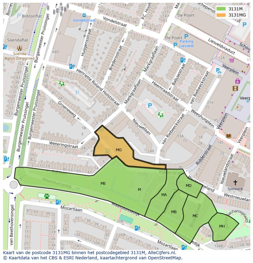 Afbeelding van het postcodegebied 3131 MG op de kaart.