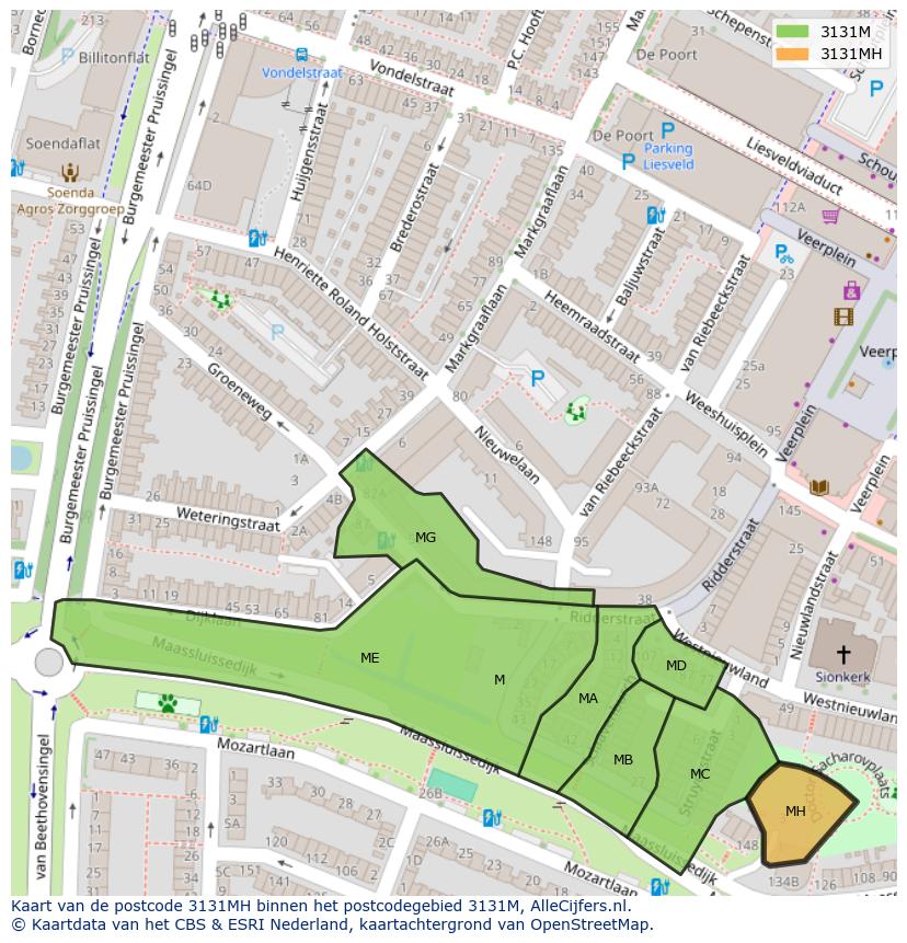 Afbeelding van het postcodegebied 3131 MH op de kaart.
