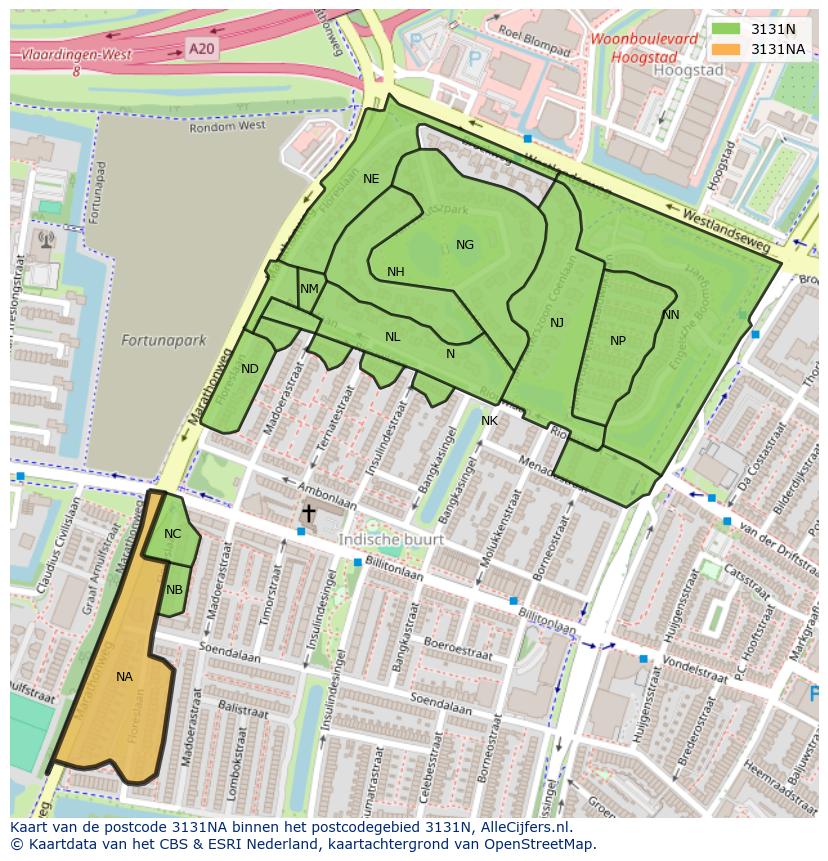 Afbeelding van het postcodegebied 3131 NA op de kaart.