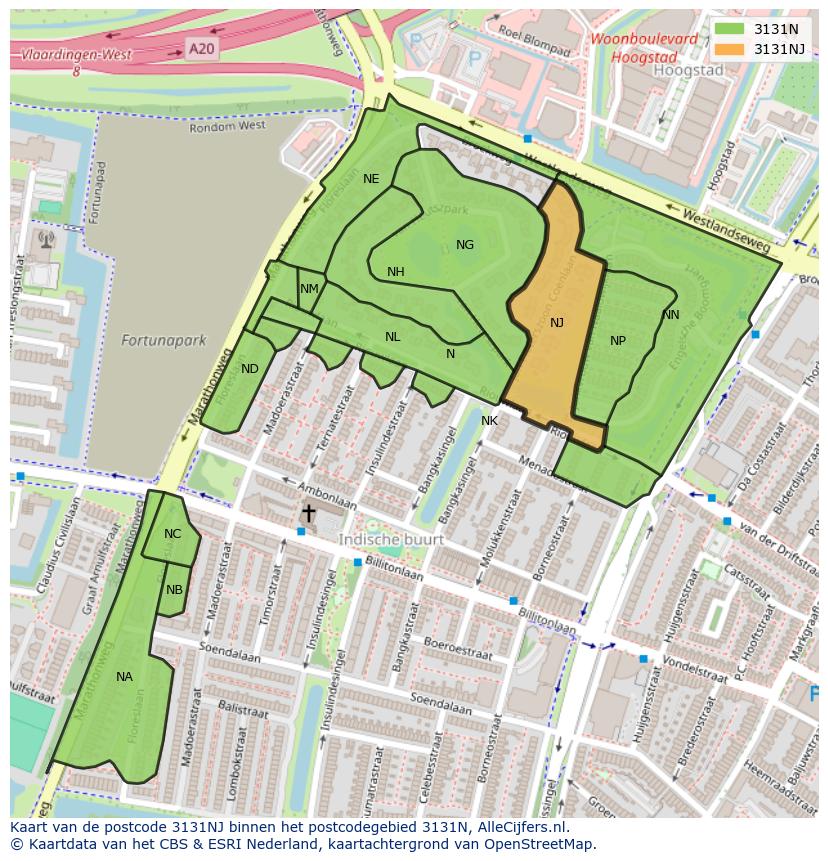 Afbeelding van het postcodegebied 3131 NJ op de kaart.