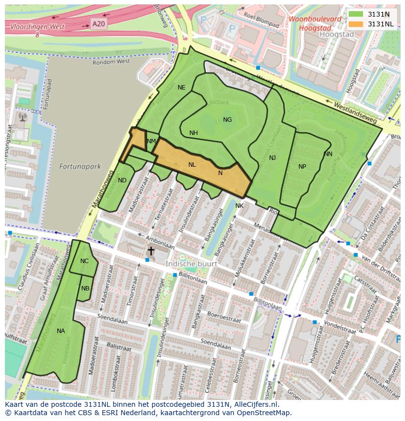 Afbeelding van het postcodegebied 3131 NL op de kaart.