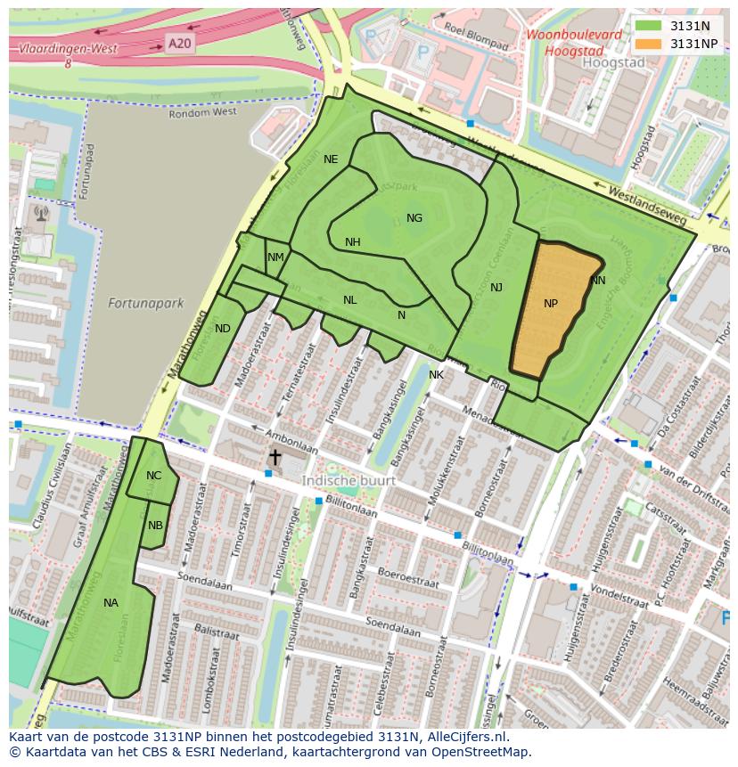 Afbeelding van het postcodegebied 3131 NP op de kaart.