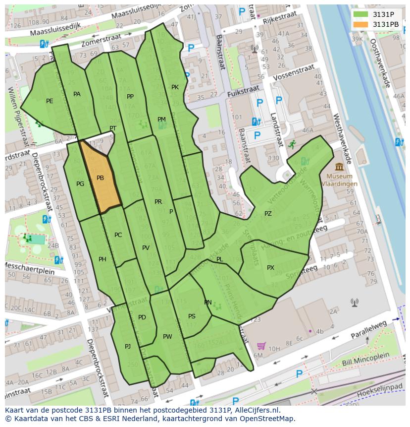 Afbeelding van het postcodegebied 3131 PB op de kaart.