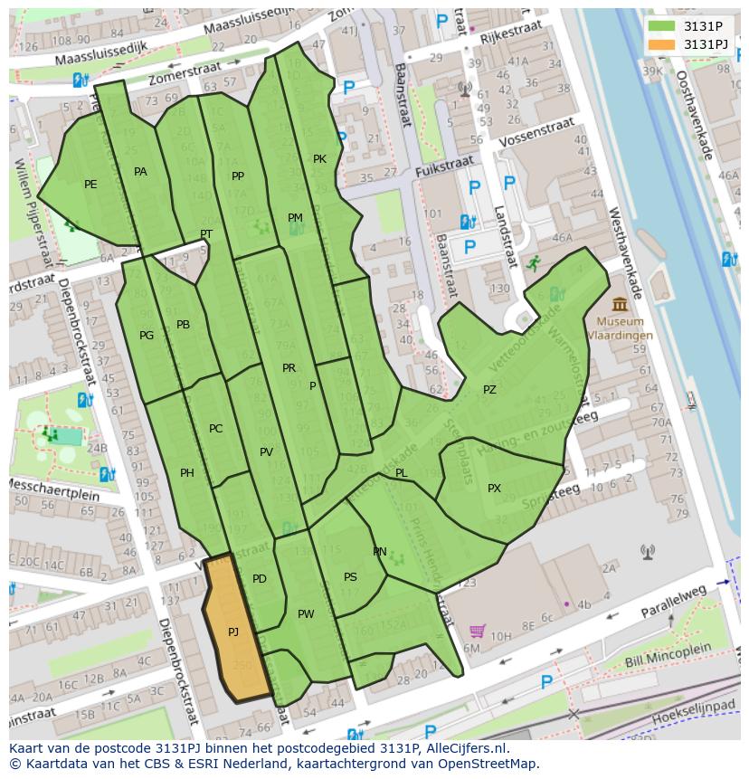Afbeelding van het postcodegebied 3131 PJ op de kaart.