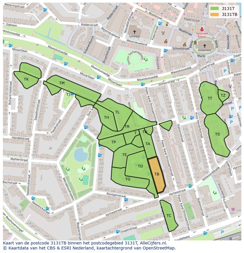 Afbeelding van het postcodegebied 3131 TB op de kaart.