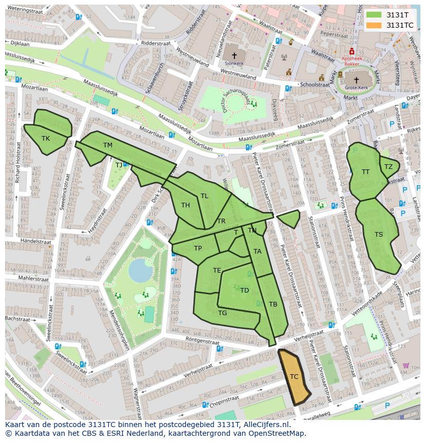 Afbeelding van het postcodegebied 3131 TC op de kaart.