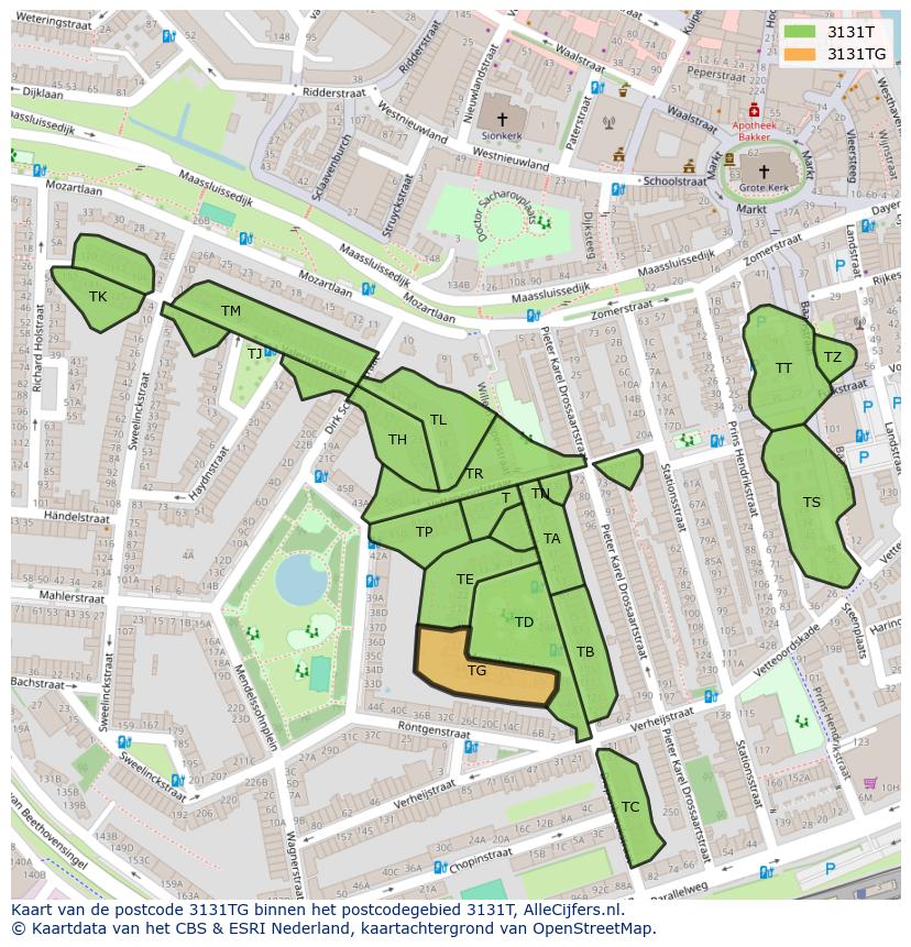 Afbeelding van het postcodegebied 3131 TG op de kaart.