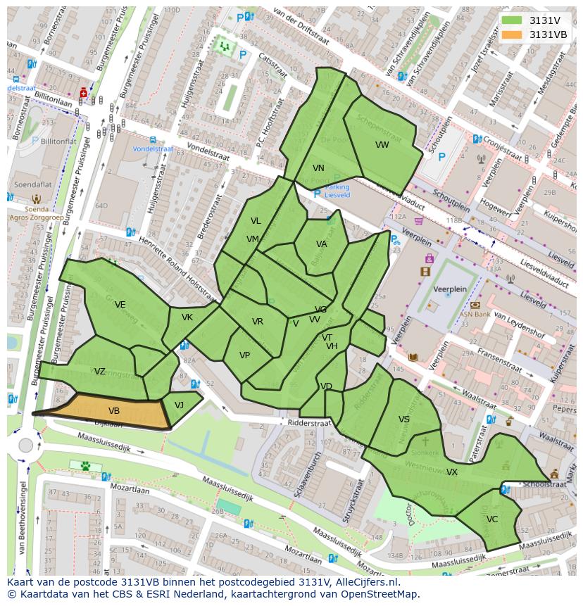 Afbeelding van het postcodegebied 3131 VB op de kaart.