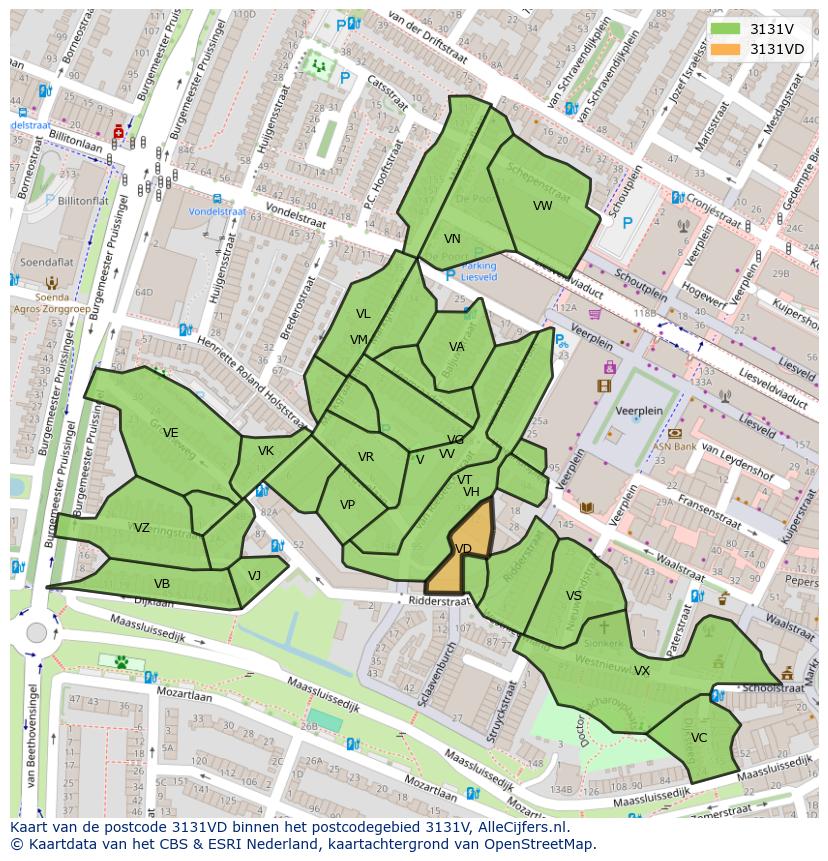 Afbeelding van het postcodegebied 3131 VD op de kaart.