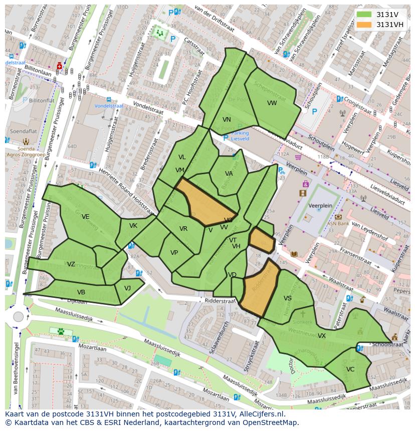 Afbeelding van het postcodegebied 3131 VH op de kaart.