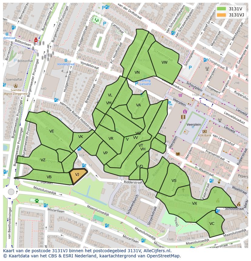 Afbeelding van het postcodegebied 3131 VJ op de kaart.