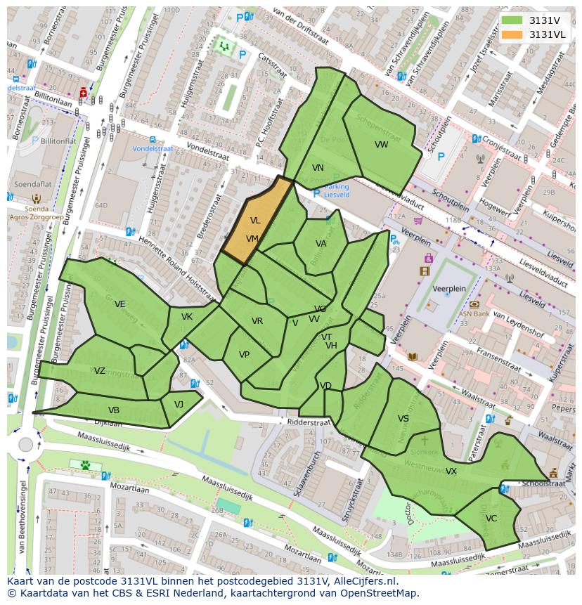 Afbeelding van het postcodegebied 3131 VL op de kaart.