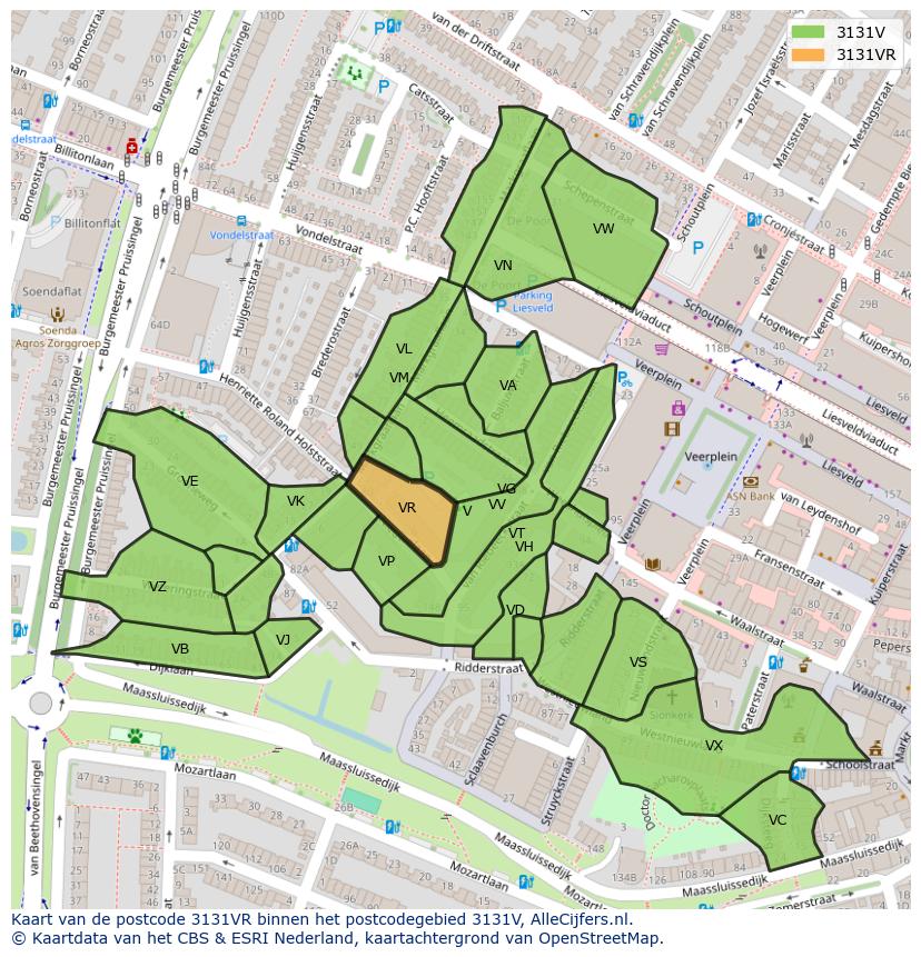 Afbeelding van het postcodegebied 3131 VR op de kaart.