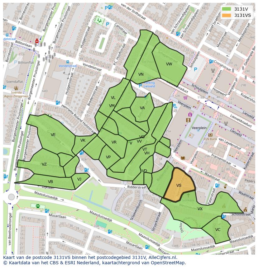 Afbeelding van het postcodegebied 3131 VS op de kaart.