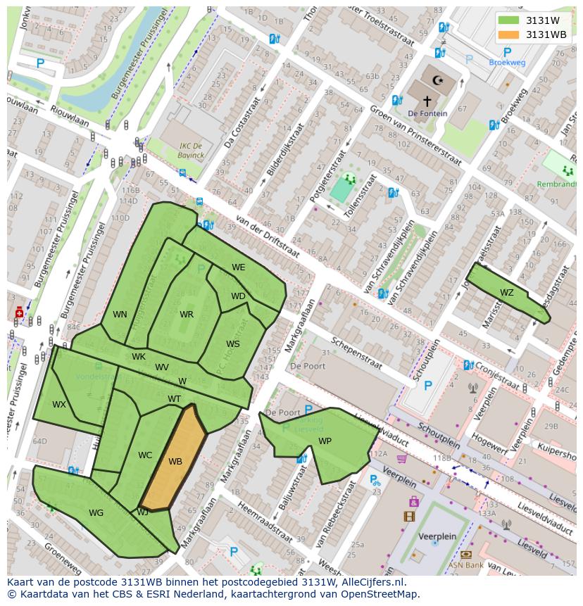 Afbeelding van het postcodegebied 3131 WB op de kaart.