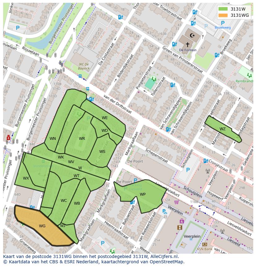Afbeelding van het postcodegebied 3131 WG op de kaart.