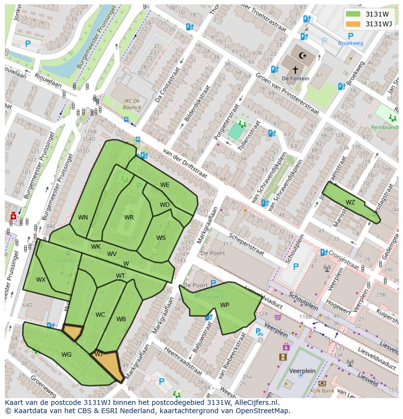 Afbeelding van het postcodegebied 3131 WJ op de kaart.