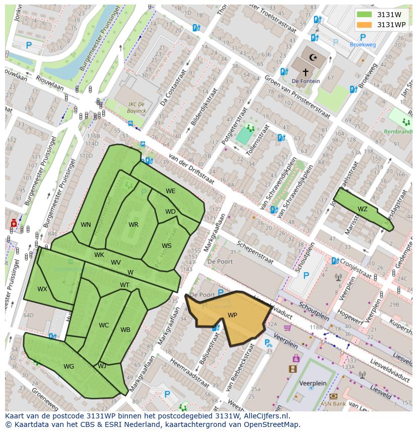 Afbeelding van het postcodegebied 3131 WP op de kaart.