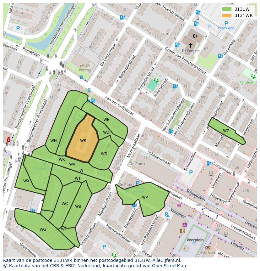 Afbeelding van het postcodegebied 3131 WR op de kaart.