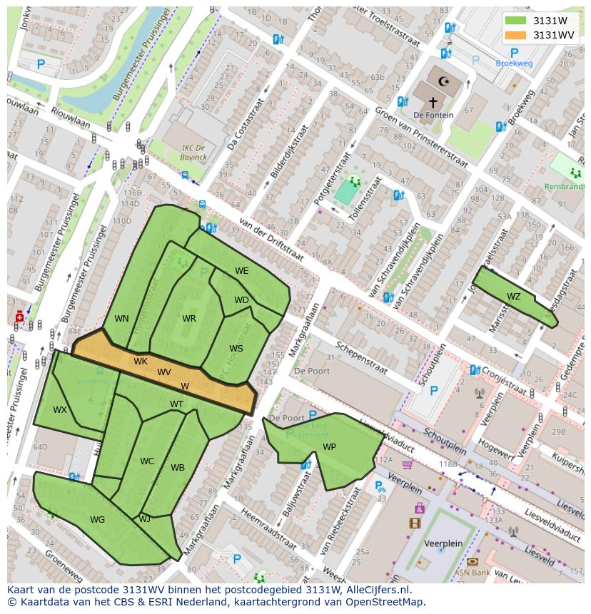 Afbeelding van het postcodegebied 3131 WV op de kaart.