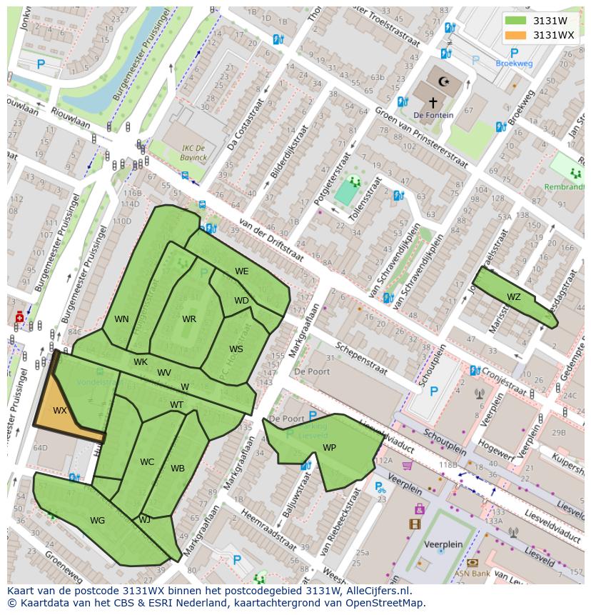 Afbeelding van het postcodegebied 3131 WX op de kaart.