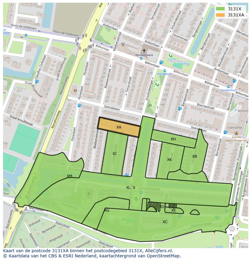Afbeelding van het postcodegebied 3131 XA op de kaart.