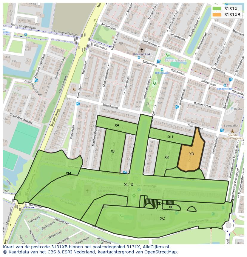 Afbeelding van het postcodegebied 3131 XB op de kaart.