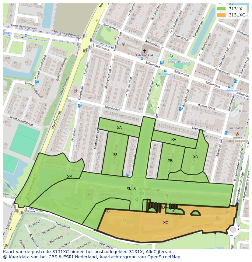 Afbeelding van het postcodegebied 3131 XC op de kaart.