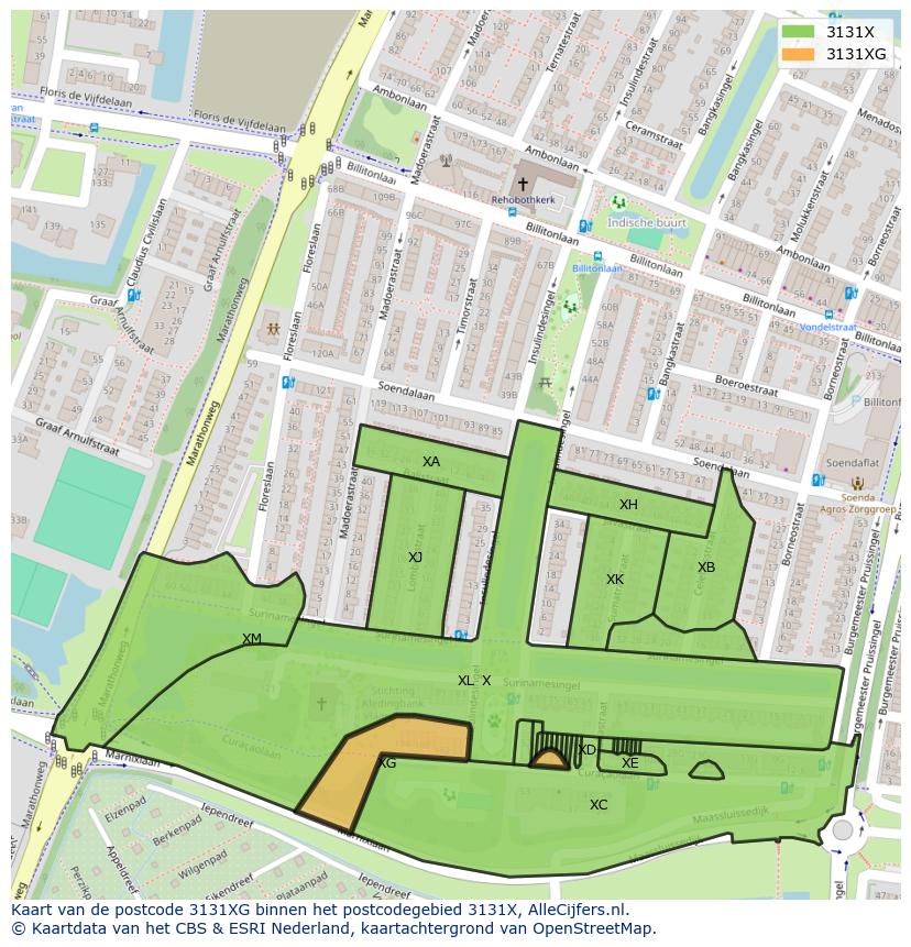 Afbeelding van het postcodegebied 3131 XG op de kaart.